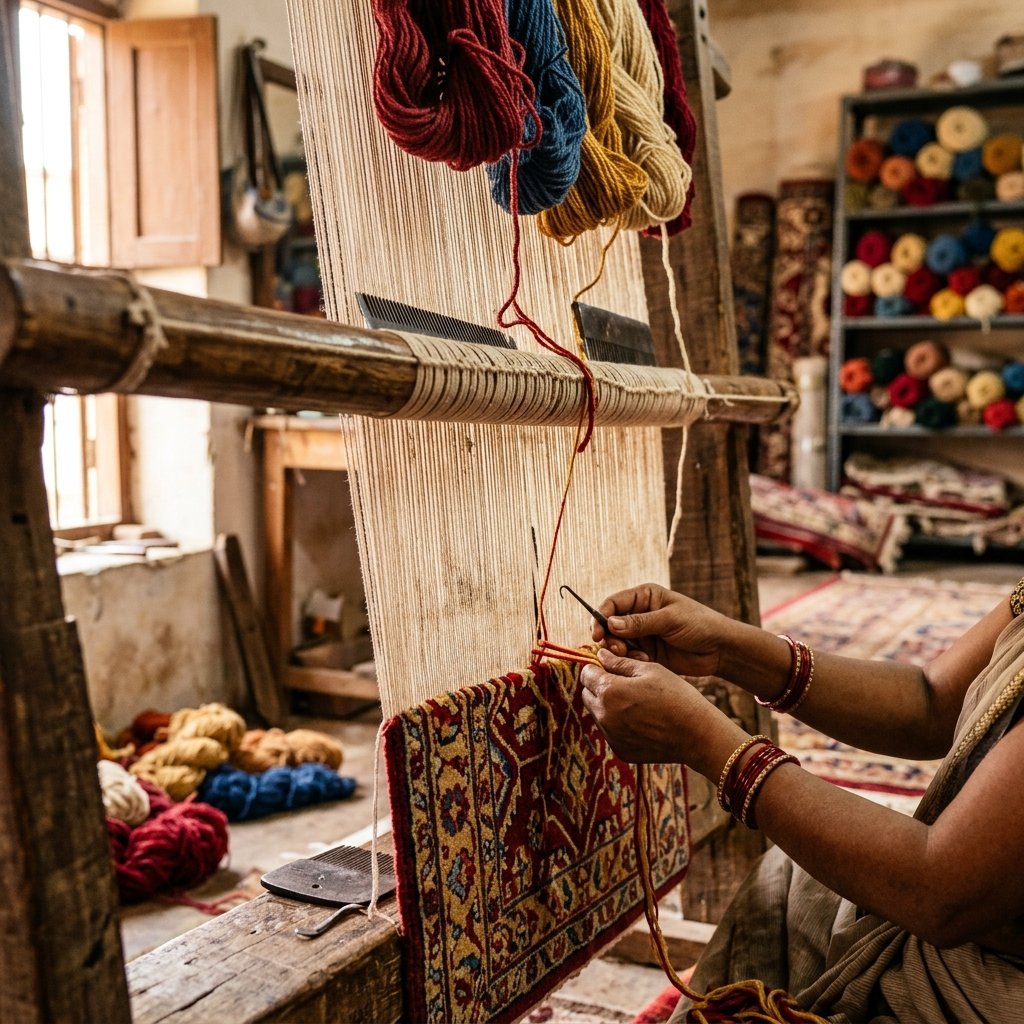 Traditional hand-knotted carpet weaving in Mirzapur