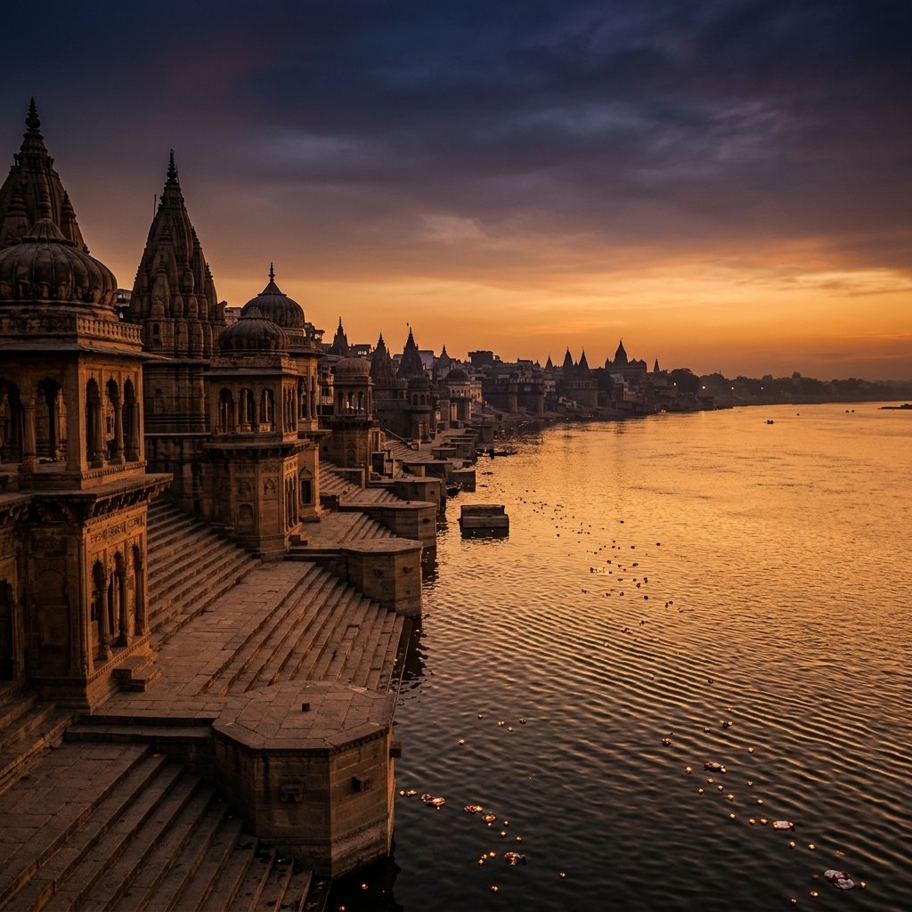 Ganga ghats of Mirzapur at golden hour with diya lamps