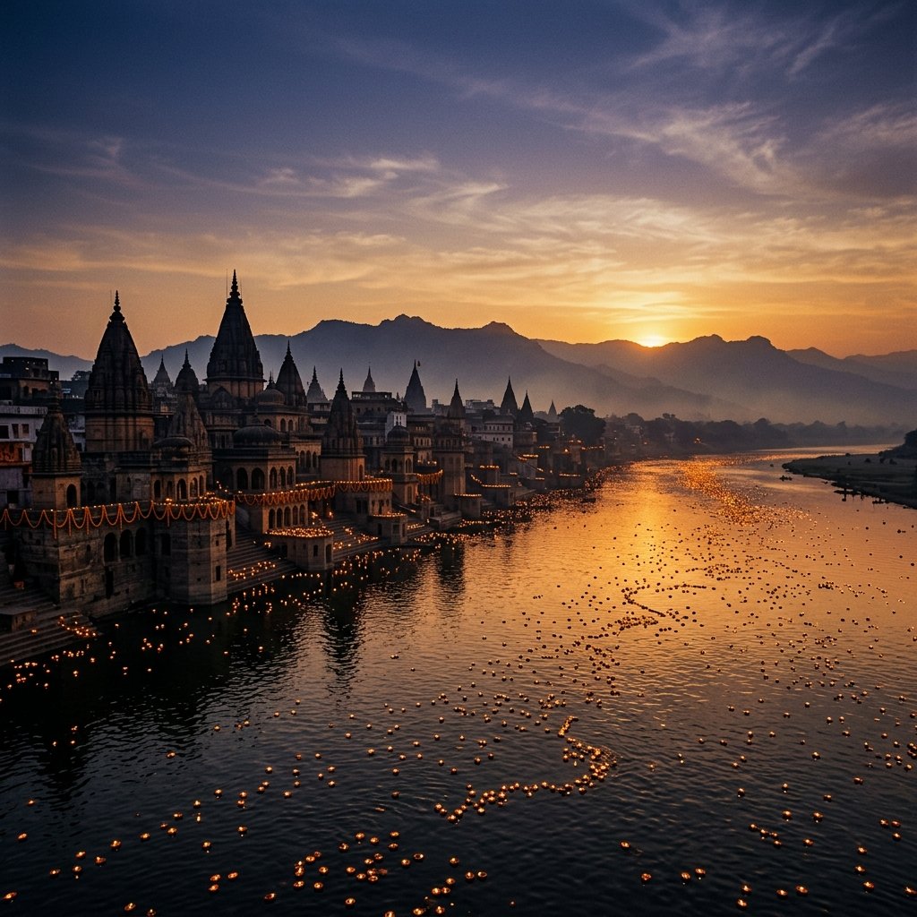 Mirzapur Ganga ghats and temple skyline at golden hour